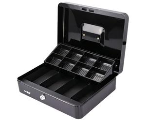 HMF Caisse à monnaie verrouillable, Boîte à argent avec 8 compartiments à pièces et 4 compartiments à billets, 30 x 24 x 9 cm | Noir