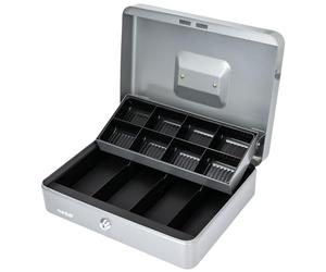 HMF Caisse à monnaie verrouillable, Boîte à argent avec 8 compartiments à pièces et 4 compartiments à billets, 30 x 24 x 9 cm | Argent