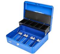 HMF Caisse à monnaie verrouillable, caisse avec bac à monnaie et 4 compartiments à billets avec pince | 30 x 24 x 9 cm | Bleu