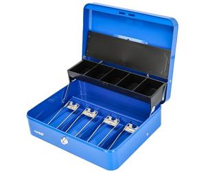 HMF Caisse à monnaie verrouillable, caisse avec bac à monnaie et 4 compartiments à billets avec pince | 30 x 24 x 9 cm | Bleu