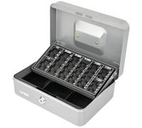 HMF Caisse à monnaie verrouillable, caisse avec plateau de comptage pour pièces en euros, 3 compartiments à billets | 25 x 18 x 9 cm | Argent