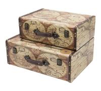HMF Coffre décoratif vintage en bois avec couvercle et poignée en cuir, boîte de rangement élégante et idée cadeau pour mariage ou anniversaire | Carte du monde colorée | Lot de 2, 38 + 44 cm