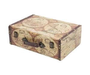 HMF Coffre décoratif vintage en bois avec couvercle et poignée en cuir, boîte de rangement élégante et idée cadeau pour mariage ou anniversaire | Carte du monde colorée | 38 x 26 x 13 cm