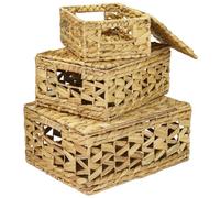 HMF Panier de rangement avec couvercle, lot de 3, panier tressé en jacinthe d'eau | Petit, moyen, grand