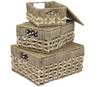 HMF Panier de rangement avec couvercle, lot de 3, panier tressé en jonc de mer et feuilles de palmier | Petit, moyen, grand