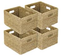 HMF Panier de rangement compatible avec étagère Billy, Panier tressé en jonc de mer avec trois poignées | lot de 4 | 35 x 25 x 20 cm | naturel