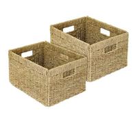 HMF Panier de rangement compatible avec étagère Billy, Panier tressé en jonc de mer avec trois poignées | lot de 2 | 35 x 25 x 20 cm | naturel