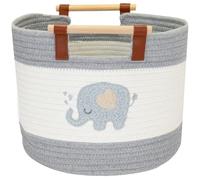 HMF Panier de rangement en coton avec poignées en bois, panier rond pour chambre d’enfant ou chambre de bébé | Éléphant | 30 x 30 x 24 cm