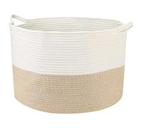 HMF XXL Panier à linge en coton, grand panier de rangement rond avec poignées | 55 x 35 cm | Blanc-Marron