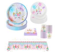 Hmfmdy Ensemble de vaisselle de fête licorne - 69 pièces - Décoration de fête d'anniversaire - Avec assiettes en carton, gobelets, serviettes, nappe, accessoires de table pour 16 invités