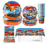 Hmfmdy Ensemble de Vaisselle de Fête sur le Thème des Voitures de Course, 51 Pièces Décoration de Fête sur le Thèm, Avec assiettes, Gobelets Serviettes Nappe Papier, Vaisselle 10 Invités - B