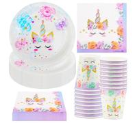 Hmfmdy Lot de 52 pièces de vaisselle de fête au motif de licorne, pour anniversaire, avec assiettes en carton, gobelets, serviettes, accessoires de table pour 16 invités