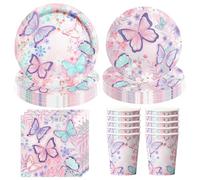 Hmfmdy Service de Table Butterfly, 50 Pièces Décoration de Fête, Vaisselle D'anniversaire avec Assiettes, Gobelets Serviettes Carton, Fournitures de Table pour Fiançailles, Filles - 10 Invités
