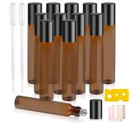 HMIEPRS 12Pcs 10ml Flacons Roll-on en Verre Ambré, Flacon Roller Rechargeable Voyage avec Bille Roulante pour Parfums, Huile Essentielle (1 Ouvre-bouteille, 2 Compte-gouttes et 2 Étiquettes)
