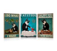 HMIEPRS 3 Pièces Chat Noir Plaque en Métal Vintage, Affiche Panneau Peinture Métal Rétro Décoration Murale, Art Mural Accrocher Signe Rappel pour Maison Café Bar Pub Salle de Bain (Style A)