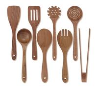 HMIEPRS 8 Pièces Ustensiles de Cuisine Bois, Antiadhésifs Naturel Cuillères en Bois, Résistant à la Chaleur Essentials Set d'ustensiles de Cuisine, Cuillères Fourchette et Spatule