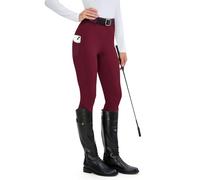 HMILES Legging d'équitation pour femme en silicone - Taille haute - Élastique - Avec poche pour téléphone portable - Passants de ceinture, rouge, M