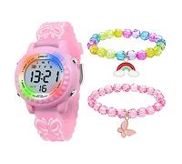 HMJIA Montre Enfant Garçon et Fille, Étanche 3ATM avec Alarme/Date/Chronomètre/LED (Papillon Rose)