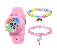 HMJIA Montre Enfant pour 3-12 Ans, Garçon et Fille, Étanche 3ATM Avec Alarme/Date/Chronomètre/LED (Flamant Rose)
