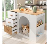 Hmluxury îlot de cuisine avec 3 tiroirs et espace pour animaux de compagnie | Aspect bois blanc, 120 x 60 x 90 cm, matériau en panneau robuste, étagères latérales avec 2 niveaux, résistant à l'humidité