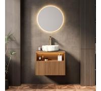 Hmluxury Lavabo de salle de bain 60 cm avec lavabo en céramique et éclairage LED, vanité flottante avec tiroir, étagère, lampe à capteur, pré-assemblé, chêne marron