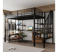 Hmluxury Lit mezzanine en fer avec échelle latérale, 120 x 200 cm, noir | Avec port de charge, cintre, surface de rangement, protection anti-basculement, fer + MDF