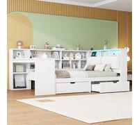 Hmluxury Lit plate-forme en bois en forme de L avec bureau, bibliothèque, espace de rangement et tête de lit LED, blanc, dimensions 140 x 200 cm, lit d'angle de capitaine peu encombrant