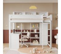 Hmluxury Lit superposé avec table, armoire, étagères, 90 x 200 cm, blanc | Bois certifié FSC, grille anti-chute, échelle à quatre marches, montage facile