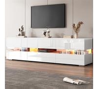 Hmluxury Meuble TV blanc brillant 160 x 39 x 45 cm avec éclairage LED | Pour TV jusqu'à 70", ouverture à pression, insert en verre acrylique, 2 portes, 1 tiroir