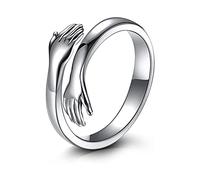 HMOOY Anneau de Câlin, Bague Câlin Ajustable en Argent Sterling 925 Bague Ouverte Mains Enlacées en Argent Couple Câlin Anneaux Bague de Promesse pour Anniversaire Bague D'amour pour Femme (Argent)