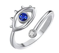 HMOOY Bague Mauvais Œil, Bague Ouverte Mauvais Œil Zircone Cubique Bleu Bague Empilable Oeil Bleu Bague Ouverte Enveloppante Réglable pour Femme Bijoux Mauvais Œil pour Protection (Argent)
