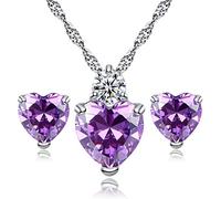 HMOOY Coeur Cristal Pendentif Collier Et Boucles D'oreilles Ensemble Argent Plaqué Cristal Bijoux Cadeaux Mariage Anniversaire Ensemble Pour Femmes Dames s (Purple)