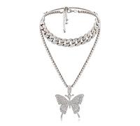 HMOOY Collier avec pendentif papillon cubain pour femme - Collier ras du cou hip hop - Pendentif papillon - Collier de tennis - Bijou fantaisie pour femmes et filles (argent)