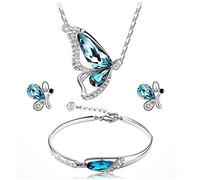 HMOOY Ensemble Bijoux Papillon, Argent Papillon Pendentif Collier Boucles D'oreilles Bracelet Ensemble pour Femmes Collier Papillon Strass Cristal Bleu Ajustable Bijoux Pierre Naissance (Argent)