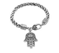 HMOOY Hamsa Main De Fatima Bracelet en Argent Mauvais Oeil Protection Ton Argent Charme Bijoux Chanceux Succès Pendentif Amitié Fait À La Main Bracelet pour Hommes Femmes (Silver)