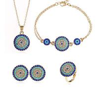 HMOOY Lucky Round Evil Eye Ensemble de Bijoux Turc Hamsa Bleu Cubique Zircone Cristal Evil Eye Charme Pendentif Collier Bague Bracelet et Boucles D'oreilles Ensembles pour Fille Femmes, Cristal,