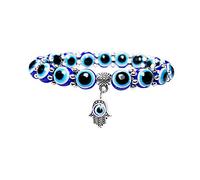 HMOOY Perles Bleues Turques Bracelet Mauvais Œil Hamsa Main De Fatima Porte-Bonheur Bracelet Extensible pour Protection Et Bénédiction Femmes Hommes, 10 mm, Résine