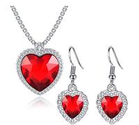 HMOOY Titanic Coeur de l'Océan Collier Boucles D'oreilles Ensemble de Bijoux, Collier Pendentif Saphir Bleu Bleu Coeur Cristal Boucles D'oreilles Rubis Collier Titanic Bijoux pour Femme Fille, Métal,
