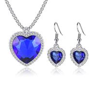 HMOOY Titanic Coeur de l'Océan Collier Boucles D'oreilles Ensemble de Bijoux, Collier Pendentif Saphir Bleu Bleu Coeur Cristal Boucles D'oreilles Ru ollier Titanic Bijoux pour Femme Fille
