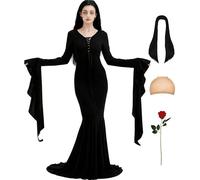 HMPRT Halloween Costumes for Women - Black Long Dress, Wig with Wig Cap and Artificial Red Roses Flowers,XL