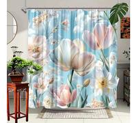 HNBFKD Rideau de Douche à Motifs Floraux Pastel - Tulipes et Nuages réalistes, Fleurs Douces, Polyester, avec Crochets, Rideau de Douche Suspendu pour Salle de Bain 200x240cm/(WxH)
