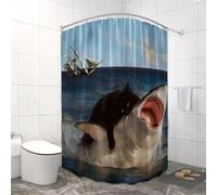 HNBFKD Rideau de Douche en Polyester imperméable avec Motif Chat Noir Rigolo chevauchant Un Requin et voilier, avec Crochets en Plastique 120x220cm/(WxH)