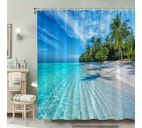 HNBFKD Rideau de Douche « Plage Tropicale Tranquille » - Motif Palmiers vibrants et eaux cristallines, décoration de Salle de Bain avec Crochets 90x220cm/35x87in(WxH)
