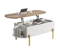 HNDE009 Table basse de salon avec plateau réglable en hauteur et espace de rangement caché, ovale, pour salon, chambre à coucher, couleur bois + blanc, 120 × 50 × 43 cm