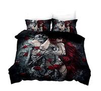 HNHDDZ Parure de lit Crâne 3D Gothique Romantique Aimer Squelette de Couple Motif Noir Gris Housse de Couette et Taie d'oreiller (Style 1, 220x240 cm)