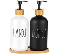 Hniuyun Lot de 2 distributeurs de savon en verre avec pompe, 473,6 g rechargeables pour salle de bain, comptoir, cuisine, buanderie (noir et blanc)