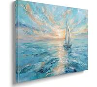 HNKDKJ Décoration murale océanique : voilier bleu et blanc, coucher de soleil abstrait, impression sur toile, art contemporain (60 x 80 cm/24 x 32 pouces/toile tendue)