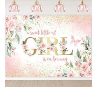 Hnmdmyi 1.5x1.2m Toile de Fond Baby Shower Une Douce Petite Fille est sur Son Chemin Rose Floral Vert Feuilles Points d'or Photographie Fond Nouveau-né Baby Shower Party décorations Photo Booth Props