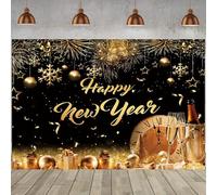 Hnmdmyi 1.5x1.2m Toile de Fond Bonne Année Feux d'artifice Noir et Or Compte à Rebours Horloge Champagne Photographie Fond Décorations de Fête du Nouvel an Bannière Accessoires de Photomaton