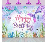 Hnmdmyi 1.5x1.2m Toile de Fond sirène sous la Mer Bleu Violet Queues de Sirène Joyeux Anniversaire Fond d'écran Photographie Fille Princesse Petite Sirène Décorations d'anniversaire Photo Booth Props